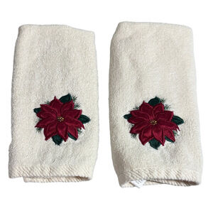 Trim a Home Festive Cream Holiday Hand Towels with Red Poinsettia Design